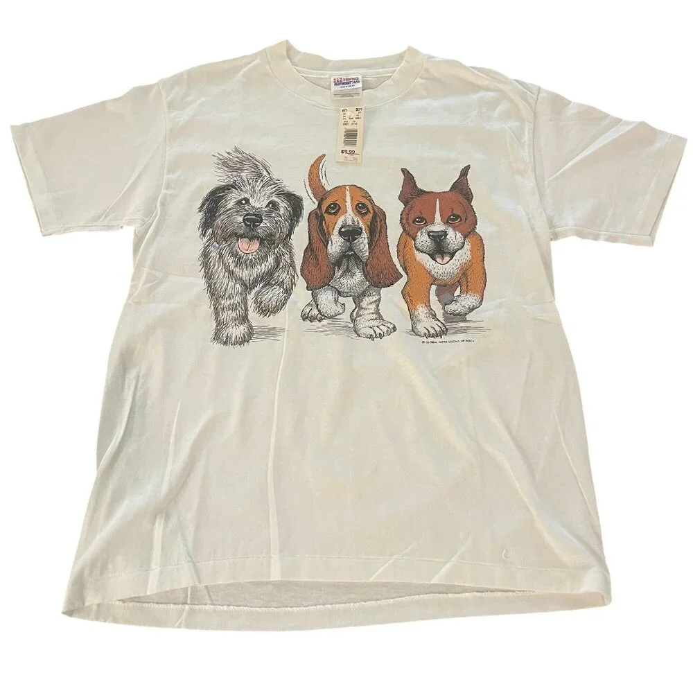 VTG Hanes Heavyweight 50/50 3 Dogs Double Side SS T-shirt Made In USA, Sz M NWT - Picture 1 of 9